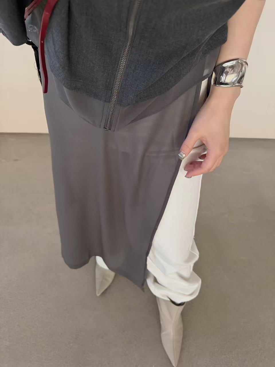 LACHER 2026 Spring Niche Layering Skirt Curtain Elegant Drape Slit Midi Skirt