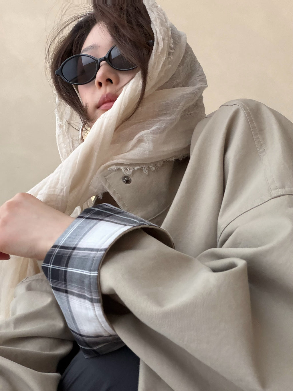 LACHER Elegant Minimalist Loose Plaid Patchwork Mid-Length Trench Coat