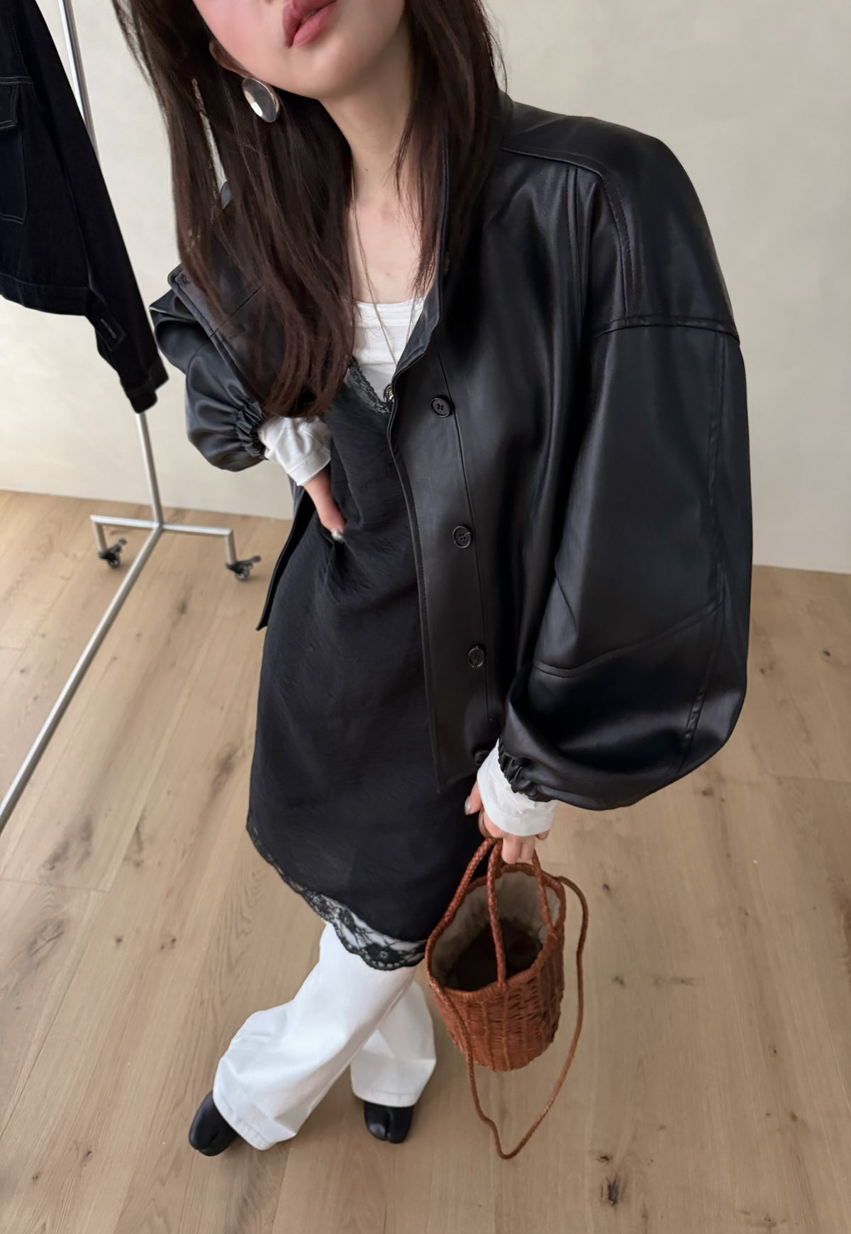 LACHER Women's Minimalist H-Line Lapel Cropped Fashion Leather Jacket