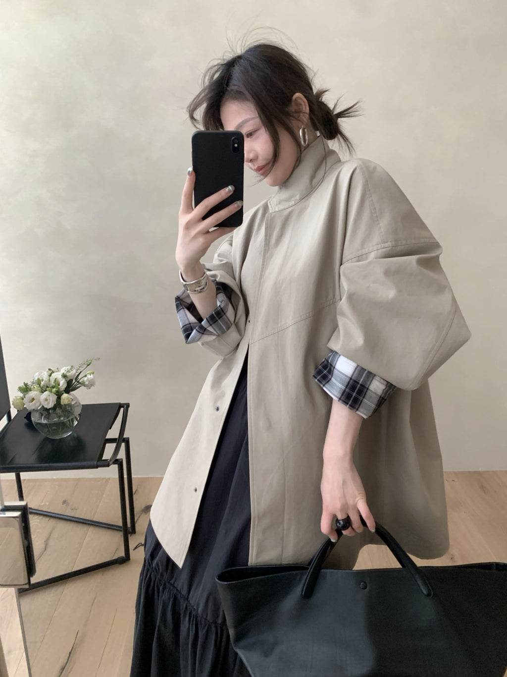 LACHER Elegant Minimalist Loose Plaid Patchwork Mid-Length Trench Coat
