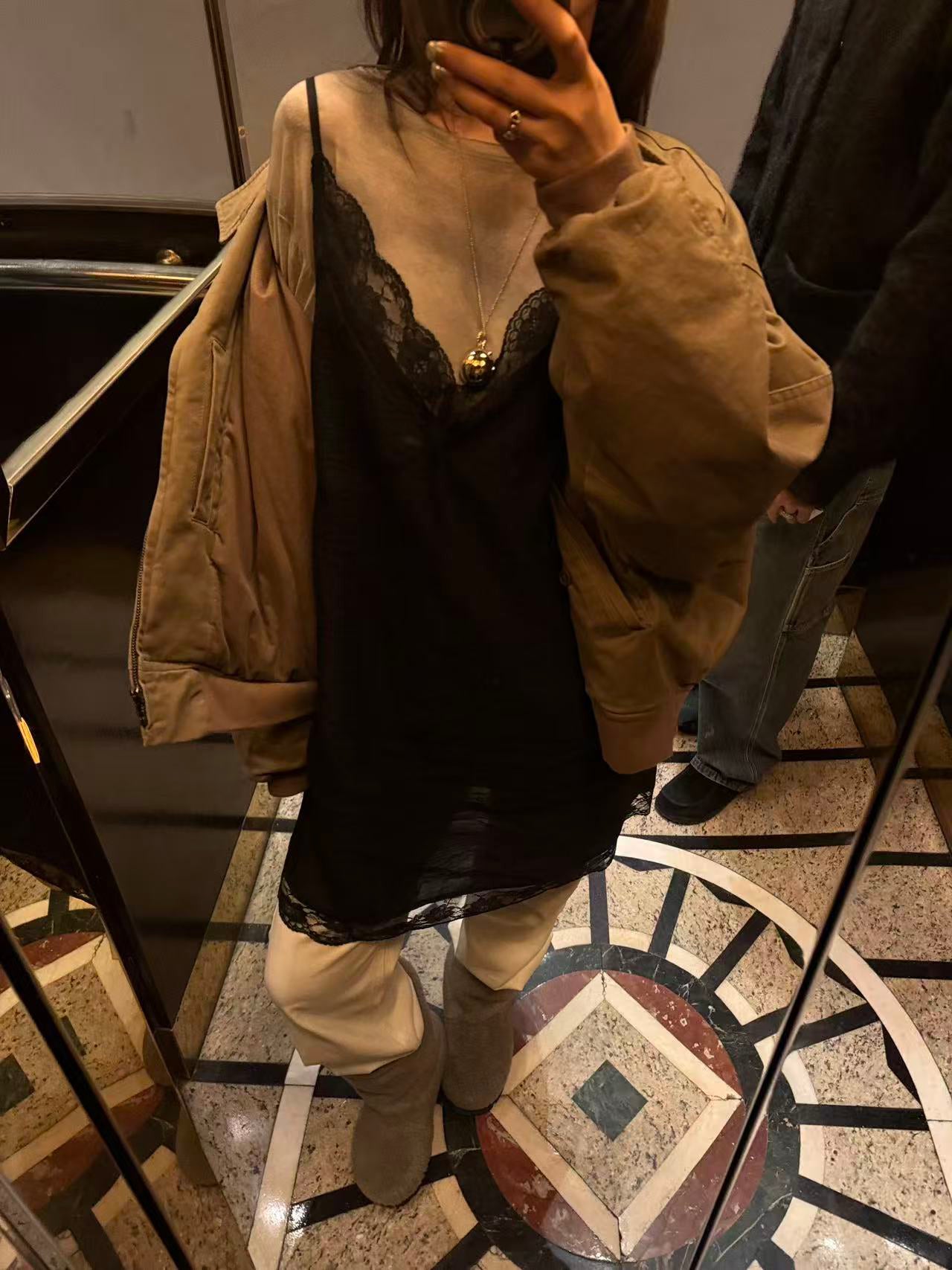 LACHER Elegant Lace Splicing Cami Dress - Versatile Solid Color Midi Slip Dress