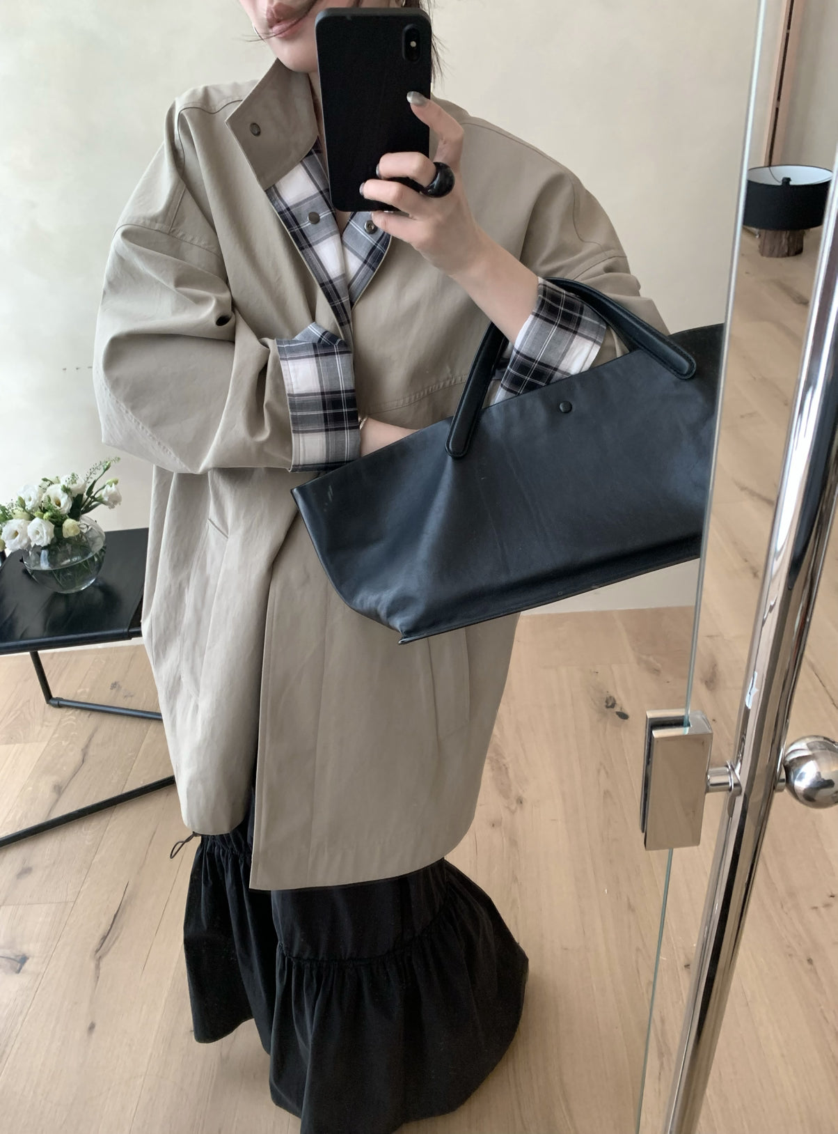 LACHER Elegant Minimalist Loose Plaid Patchwork Mid-Length Trench Coat