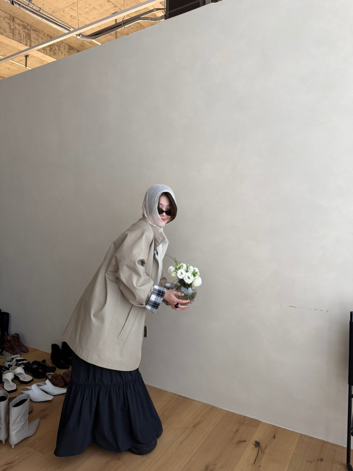 LACHER Elegant Minimalist Loose Plaid Patchwork Mid-Length Trench Coat