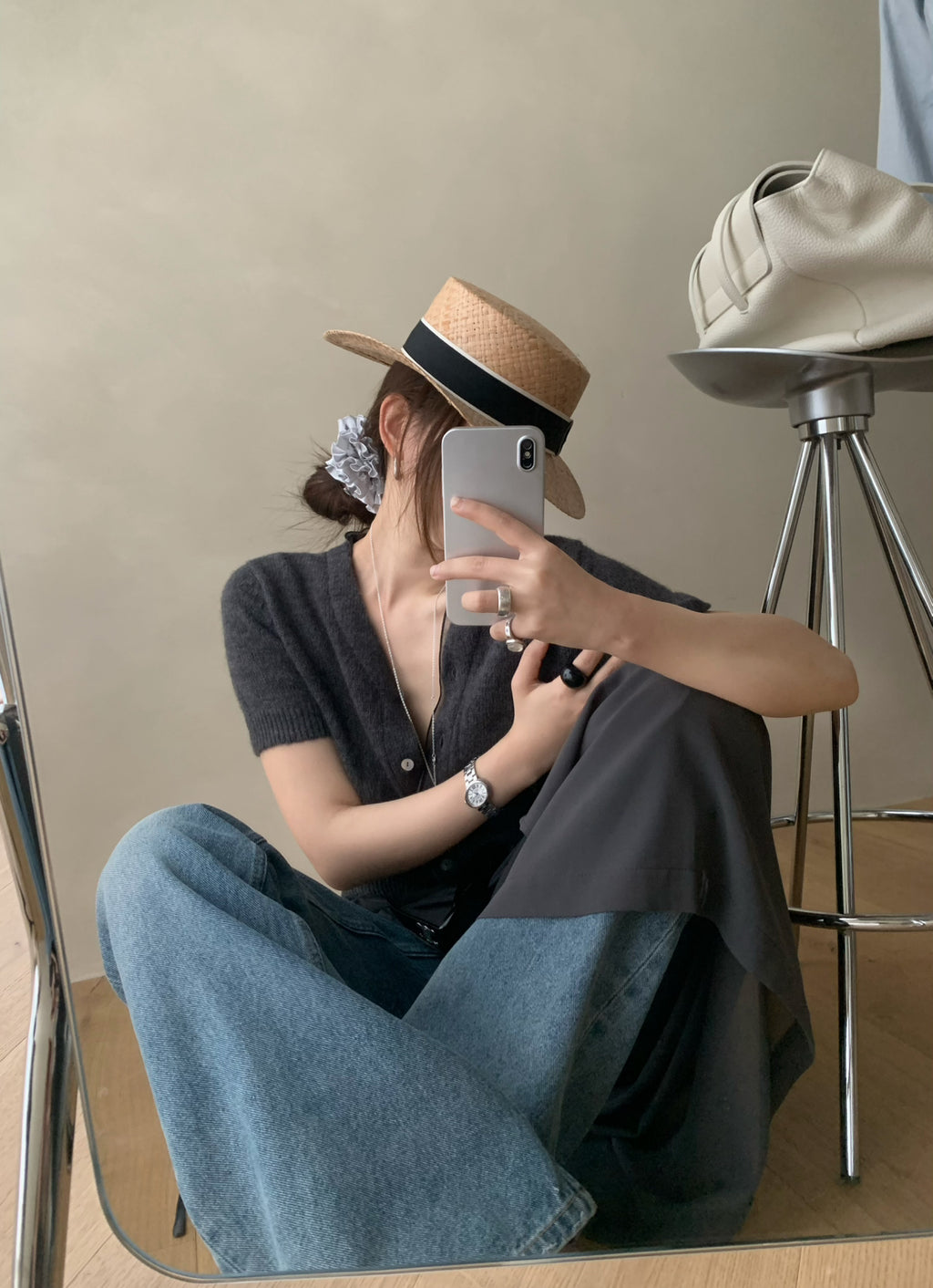 LACHER Elegant V-Neck Wool Blend Knit Cardigan - Slimming Short Sleeve Soft Casual Sweater for Women