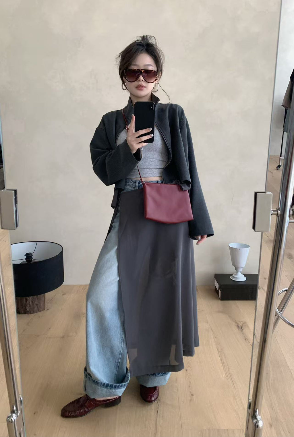 LACHER 2026 Spring Niche Layering Skirt Curtain Elegant Drape Slit Midi Skirt