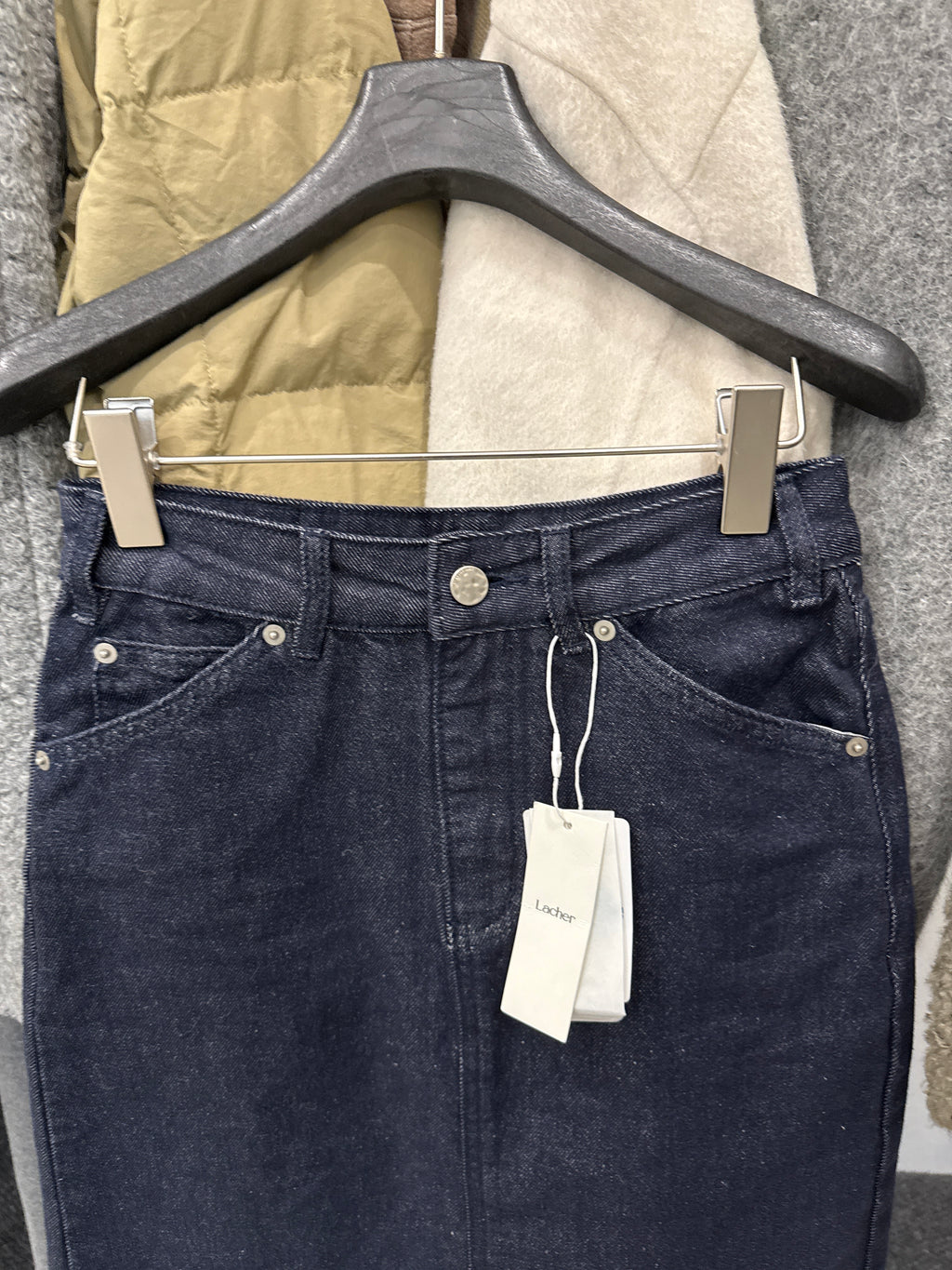 LACHER Early Spring 2026 High-Waist Back-Slit Denim Mini Skirt