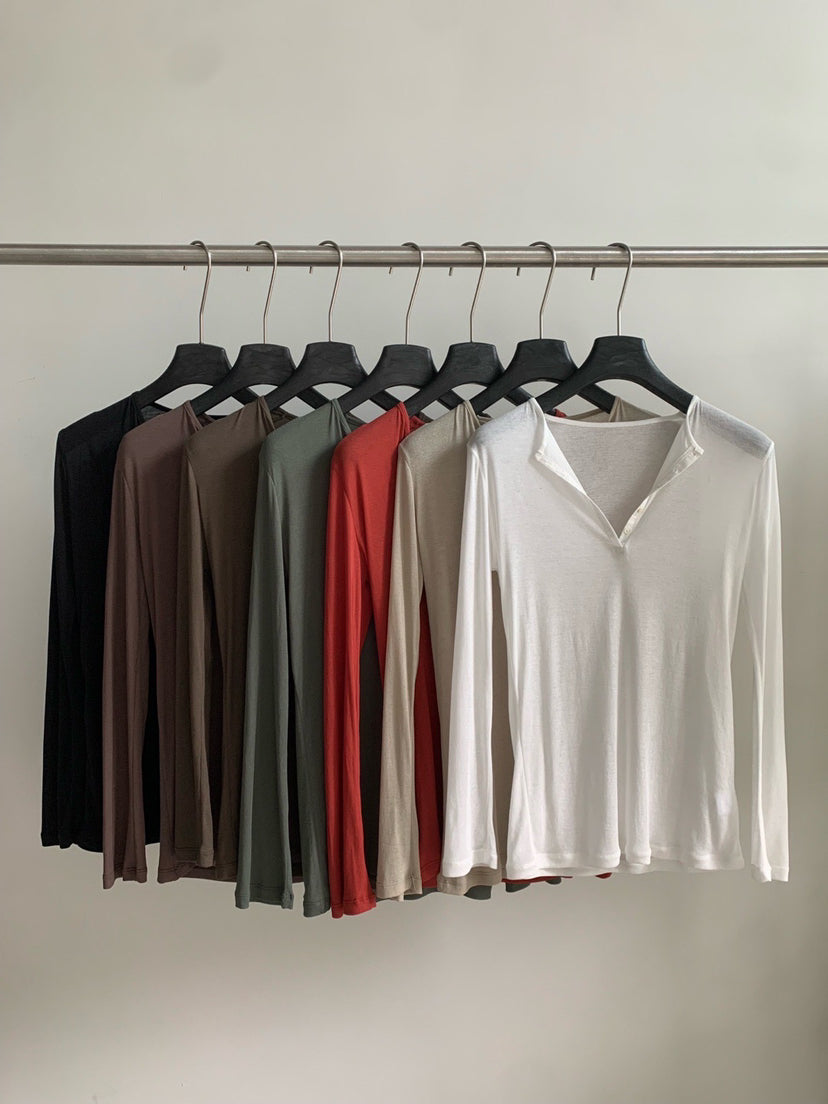 Premium Korean Style V-Neck Long Sleeve Basic Top - Elegant Loose Fit Autumn Blouse