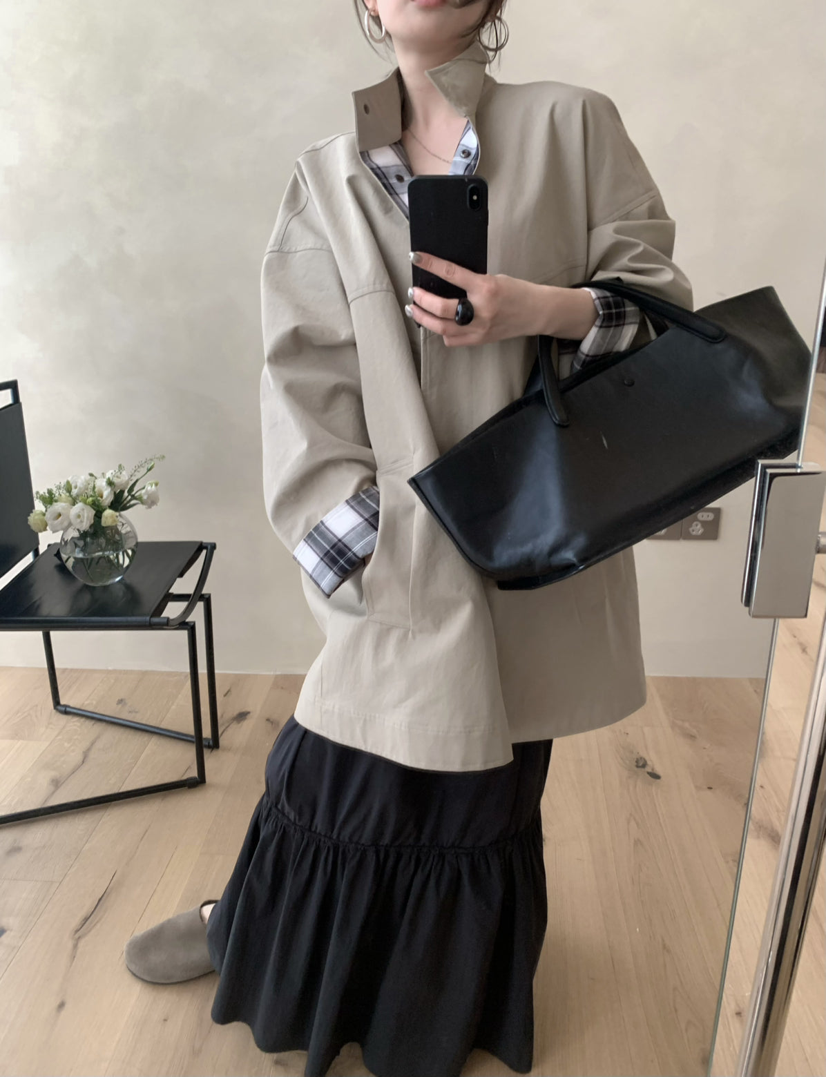 LACHER Elegant Minimalist Loose Plaid Patchwork Mid-Length Trench Coat