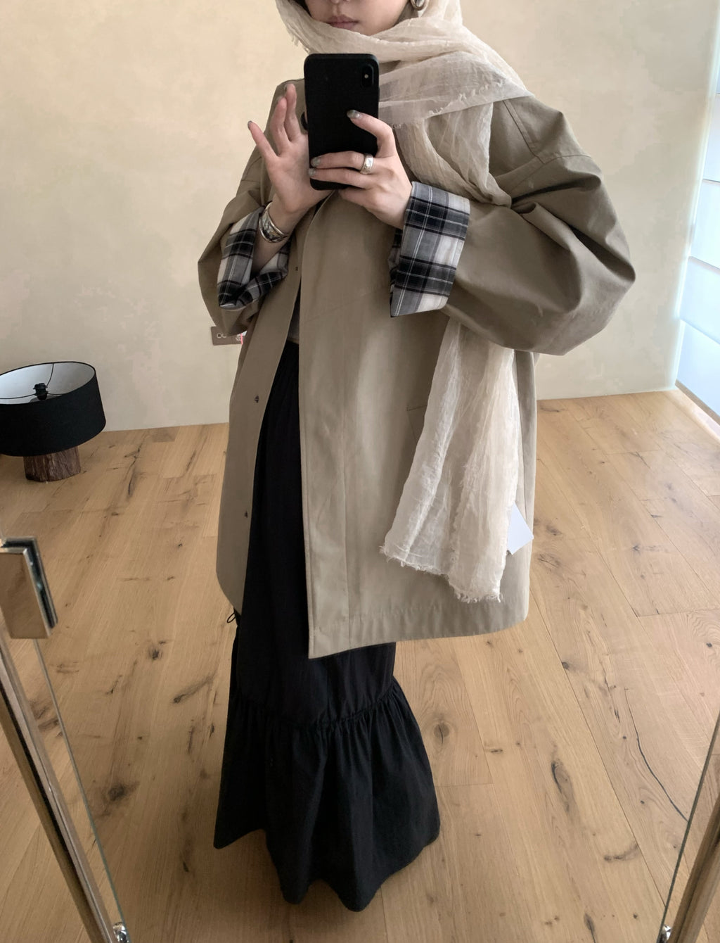 LACHER Elegant Minimalist Loose Plaid Patchwork Mid-Length Trench Coat