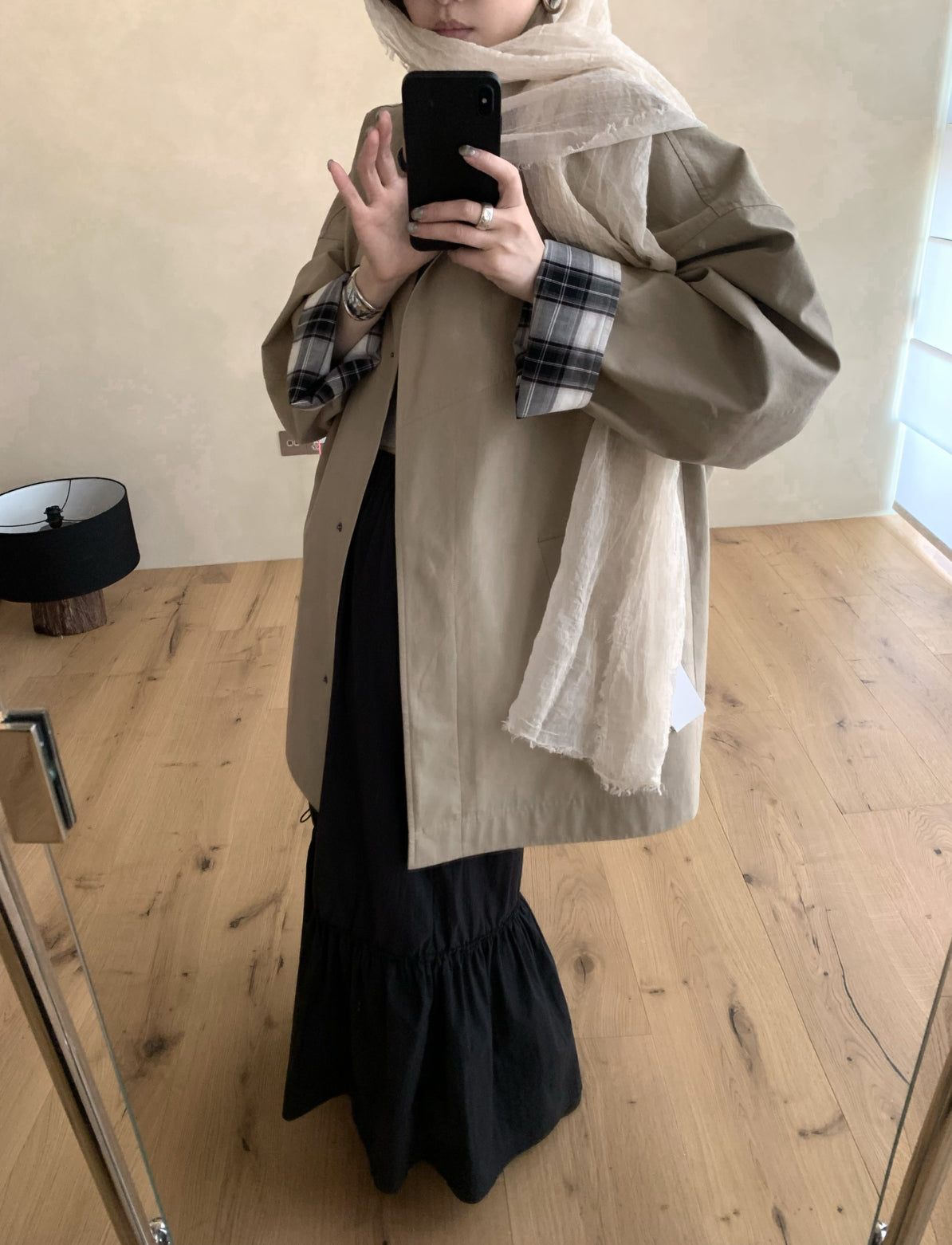 LACHER Elegant Minimalist Loose Plaid Patchwork Mid-Length Trench Coat