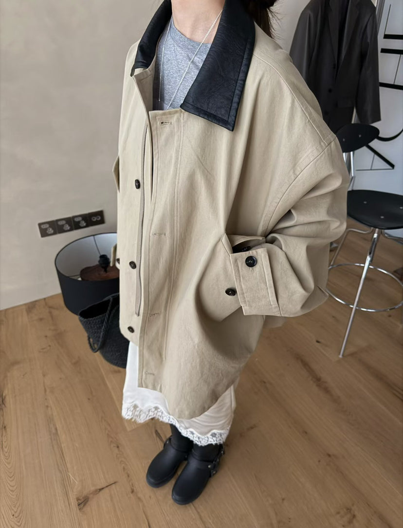 Elegant Contrast Panel Trench Coat - Premium Spring Lapel Single-Breasted Mid-Length Overcoat