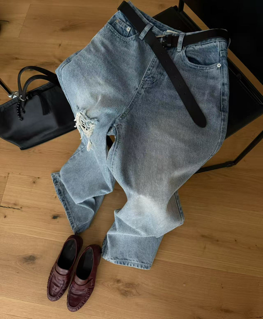 LACHER Designer Collection Distressed Wide-Leg Ripped Gradient Jeans