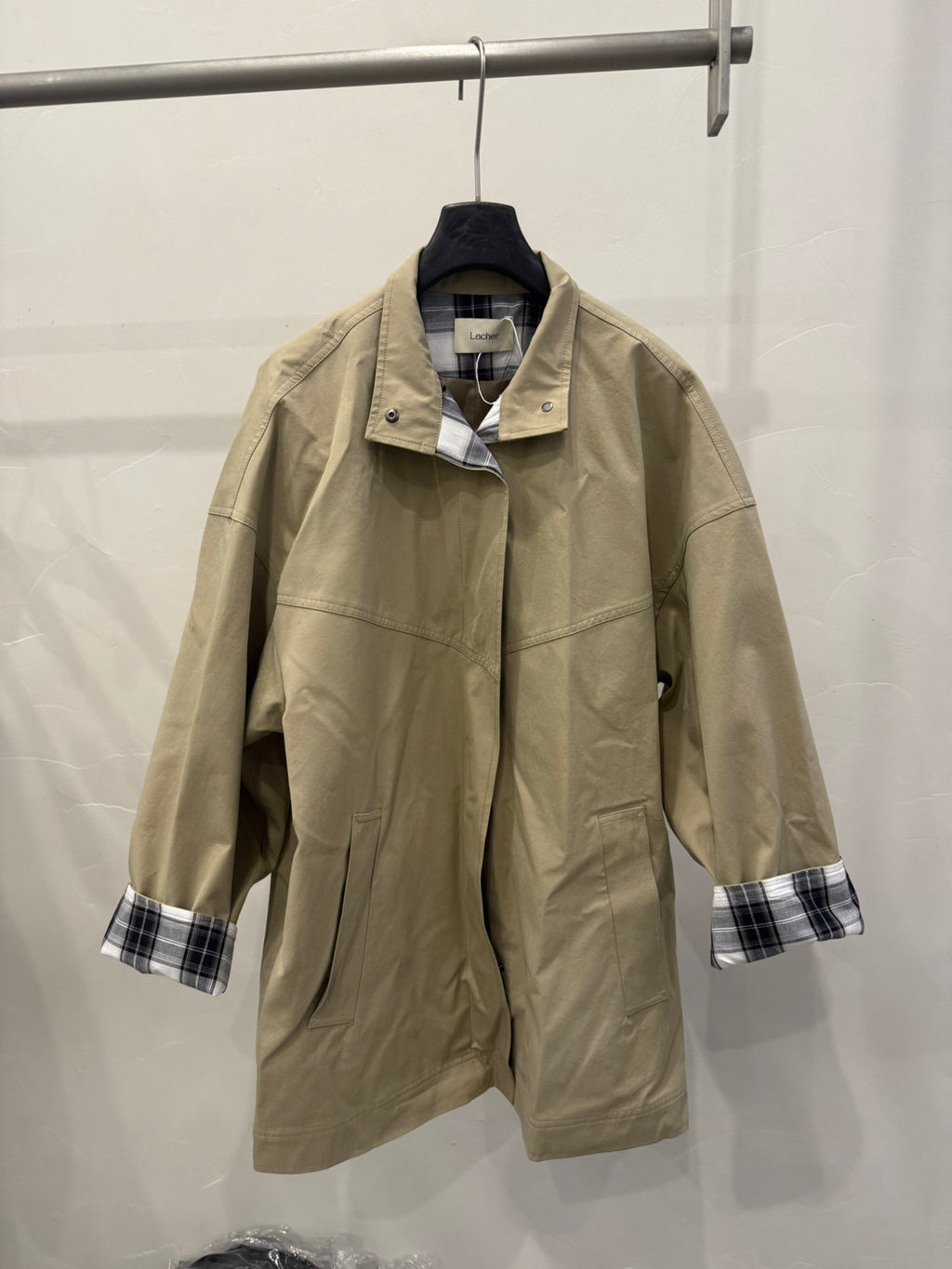 LACHER Elegant Minimalist Loose Plaid Patchwork Mid-Length Trench Coat