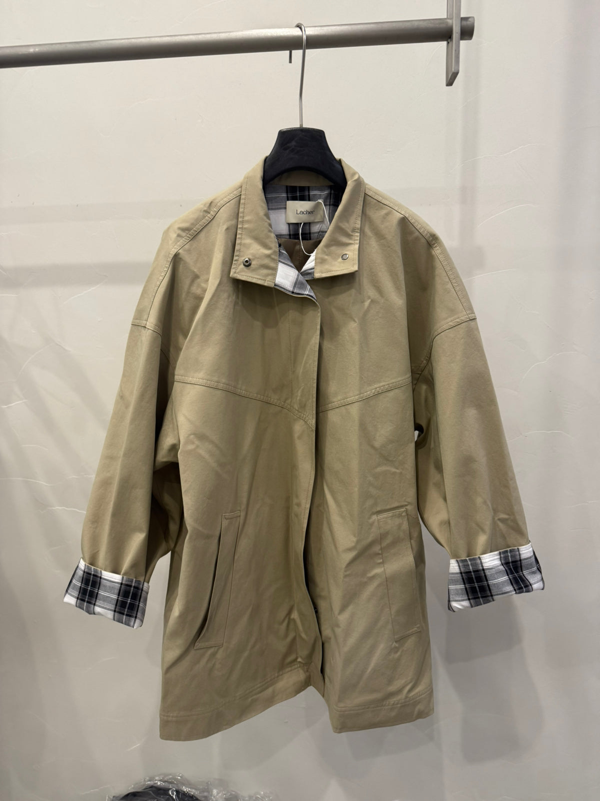 LACHER Elegant Minimalist Loose Plaid Patchwork Mid-Length Trench Coat