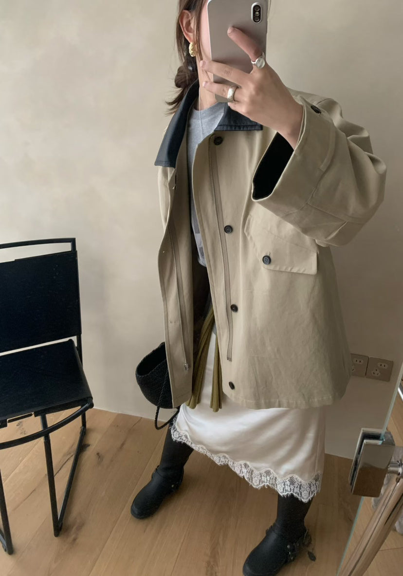 Elegant Contrast Panel Trench Coat - Premium Spring Lapel Single-Breasted Mid-Length Overcoat