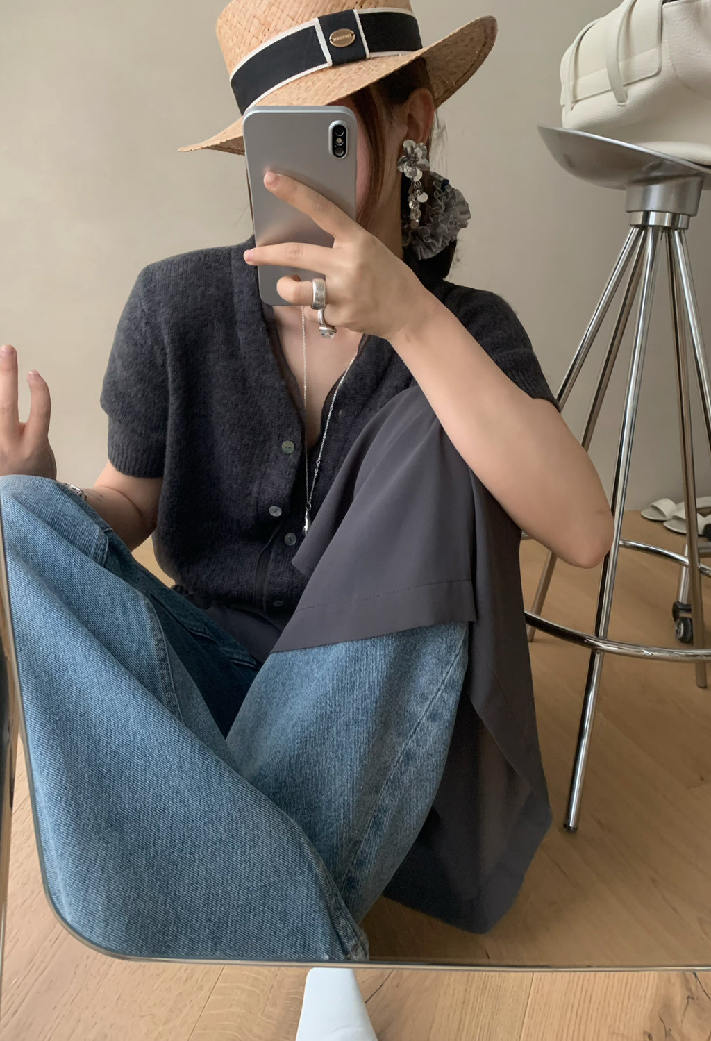 LACHER Elegant V-Neck Wool Blend Knit Cardigan - Slimming Short Sleeve Soft Casual Sweater for Women