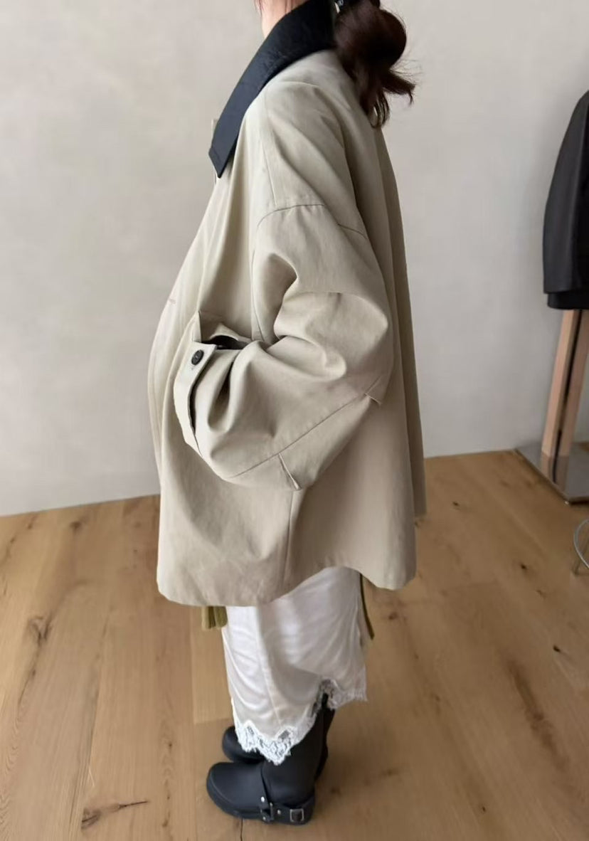 Elegant Contrast Panel Trench Coat - Premium Spring Lapel Single-Breasted Mid-Length Overcoat