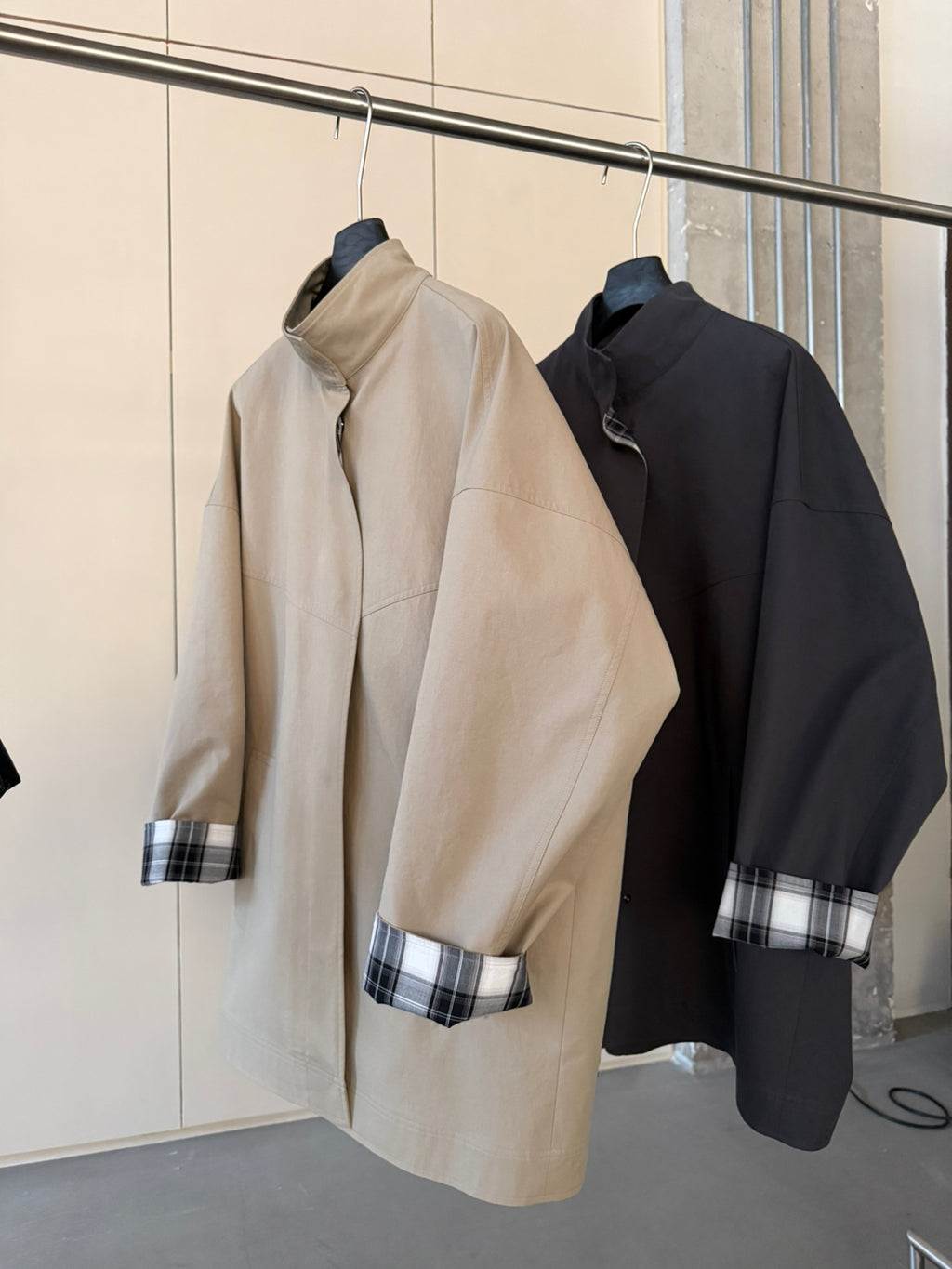 LACHER Elegant Minimalist Loose Plaid Patchwork Mid-Length Trench Coat