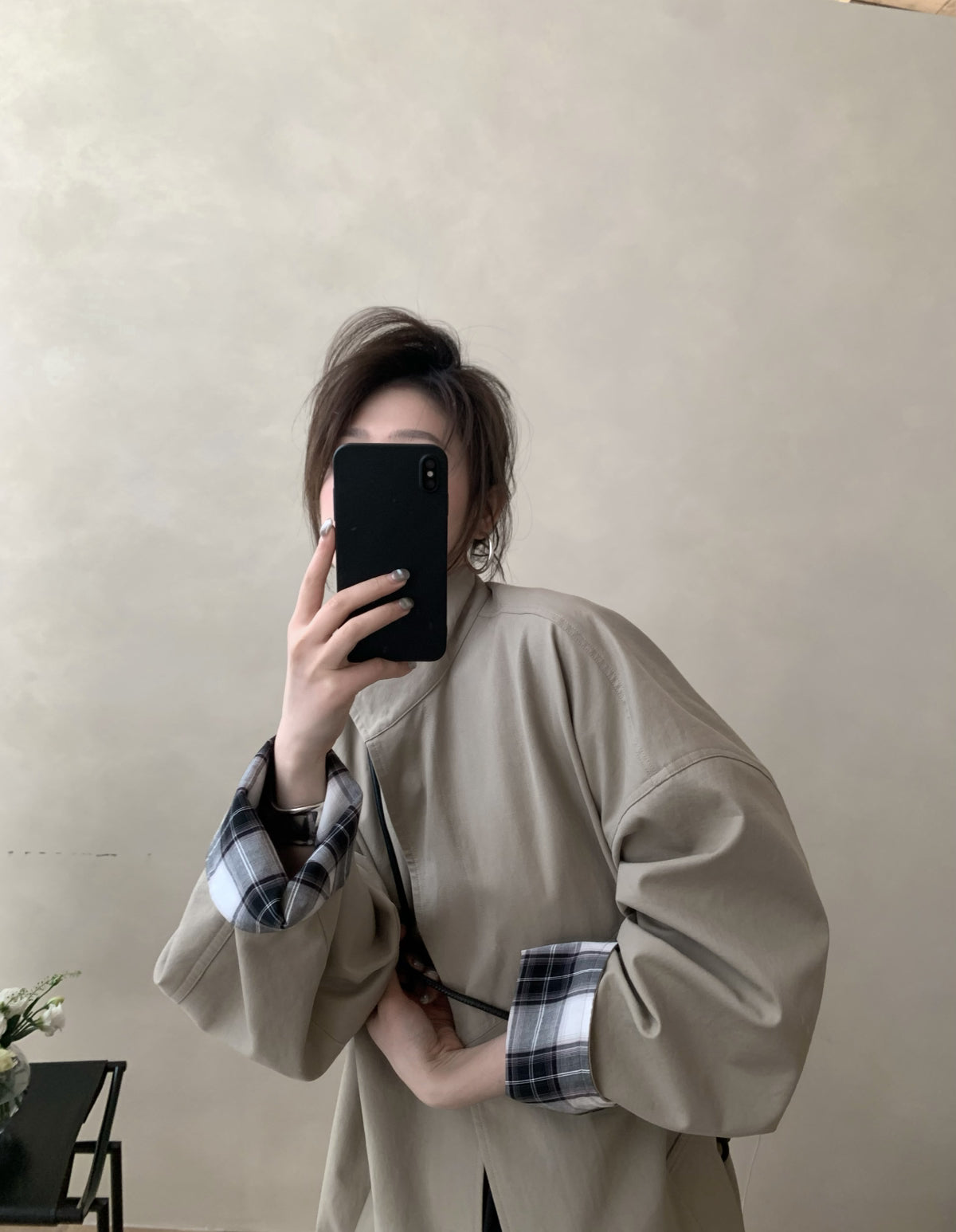 LACHER Elegant Minimalist Loose Plaid Patchwork Mid-Length Trench Coat