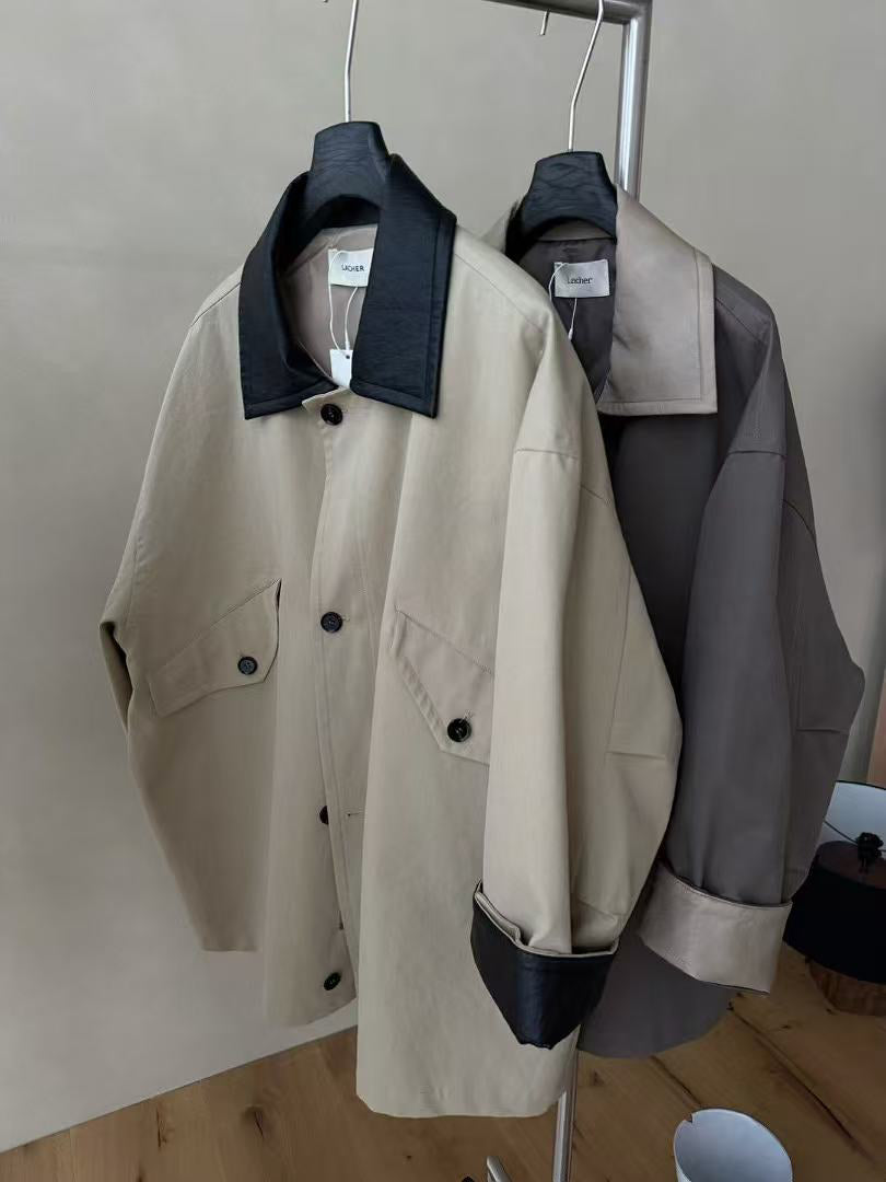 Elegant Contrast Panel Trench Coat - Premium Spring Lapel Single-Breasted Mid-Length Overcoat
