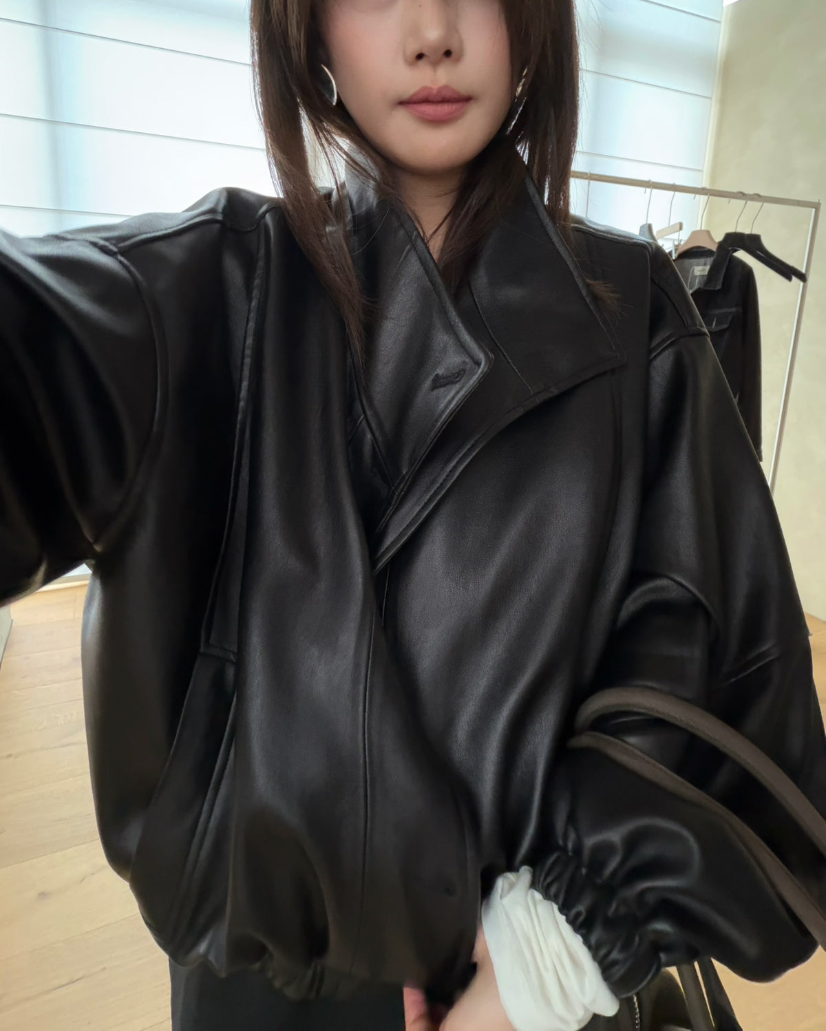 LACHER Women's Minimalist H-Line Lapel Cropped Fashion Leather Jacket