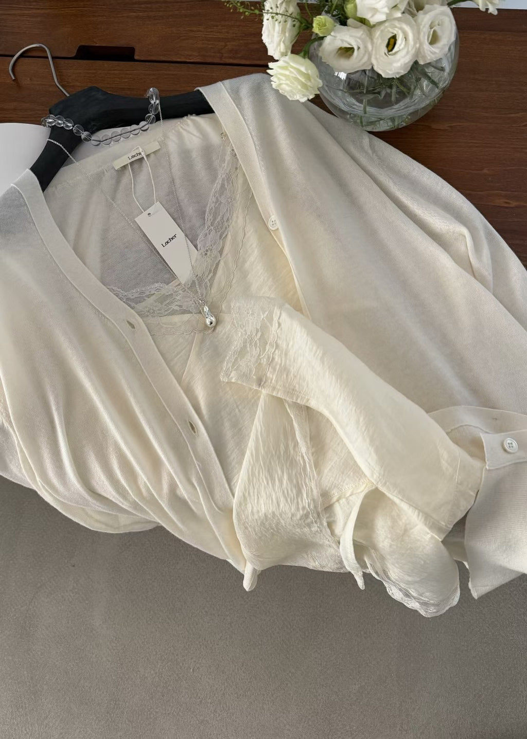 LACHER Elegant Lace Splicing Cami Dress - Versatile Solid Color Midi Slip Dress