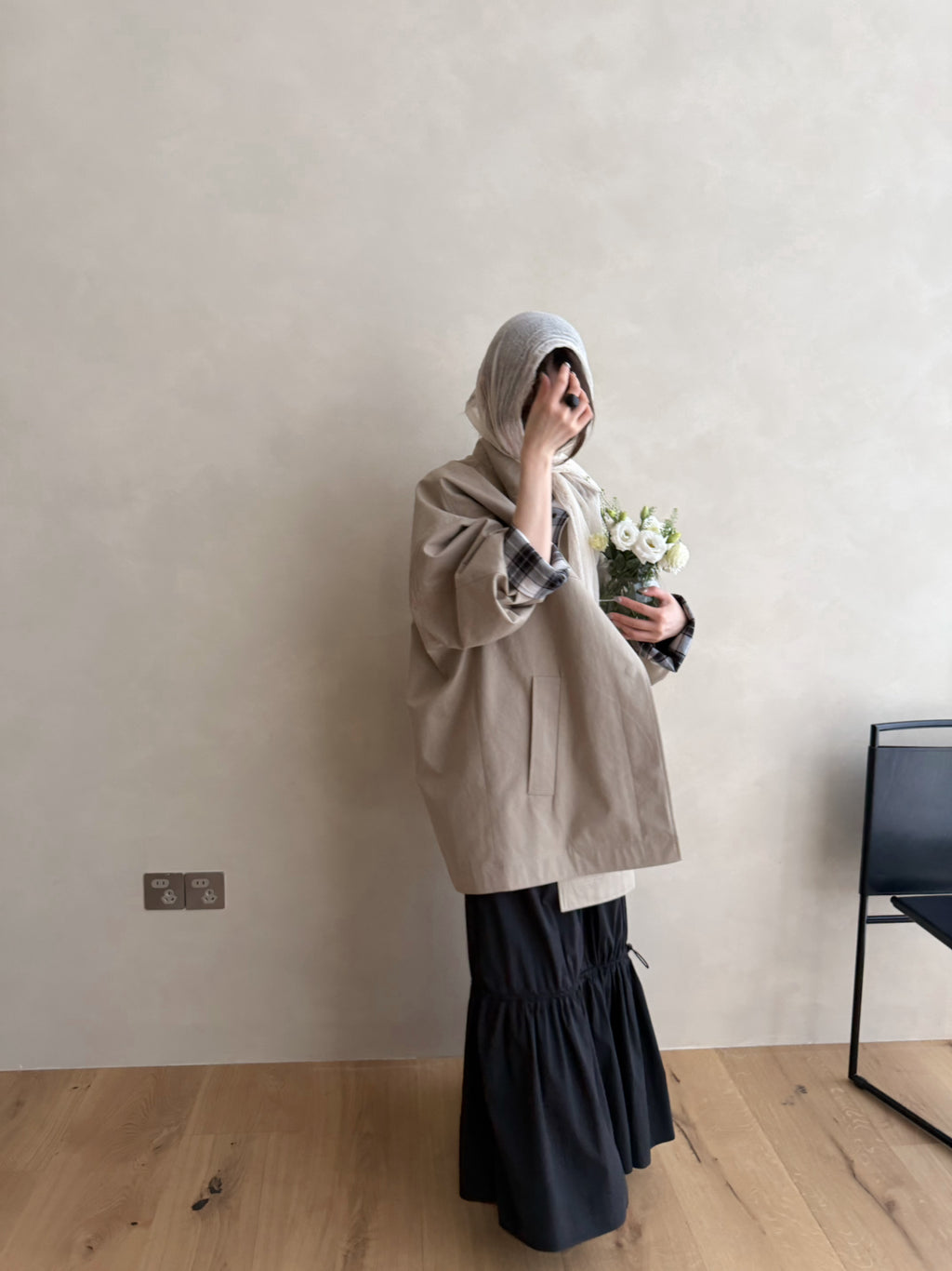 LACHER Elegant Minimalist Loose Plaid Patchwork Mid-Length Trench Coat