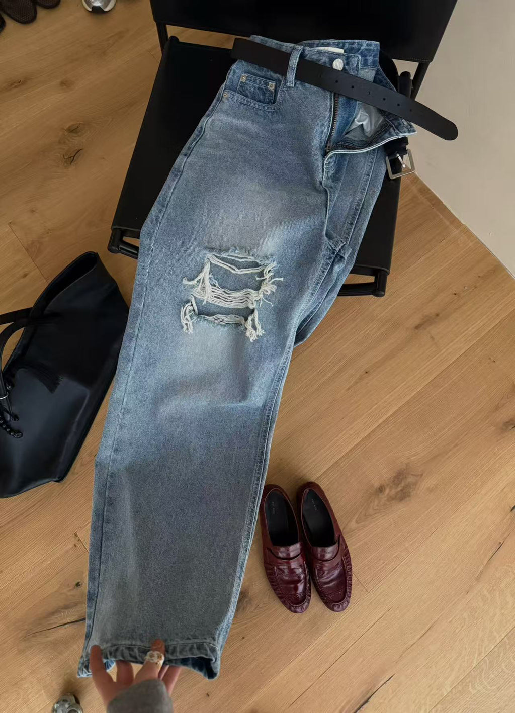 LACHER Designer Collection Distressed Wide-Leg Ripped Gradient Jeans