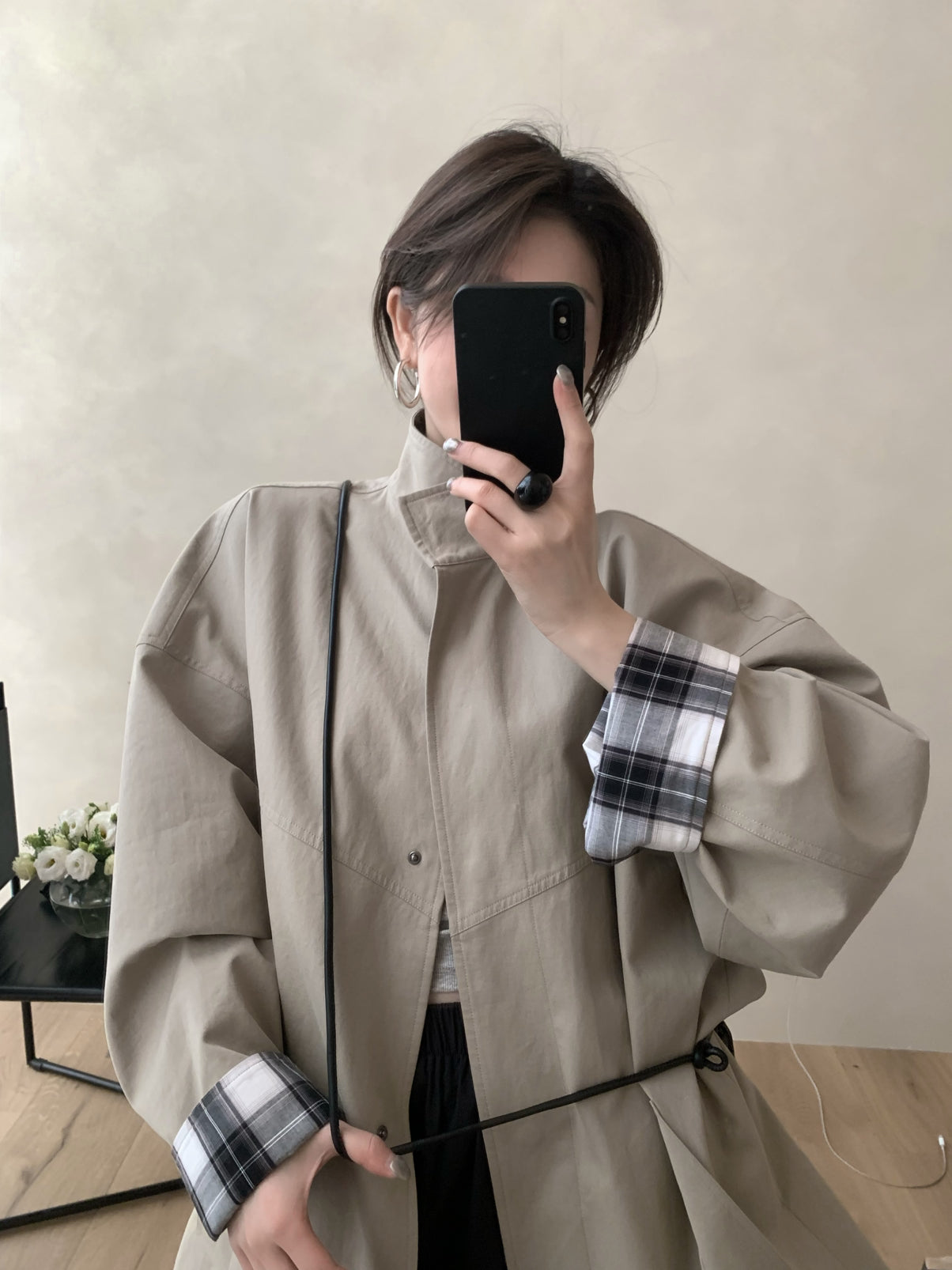 LACHER Elegant Minimalist Loose Plaid Patchwork Mid-Length Trench Coat