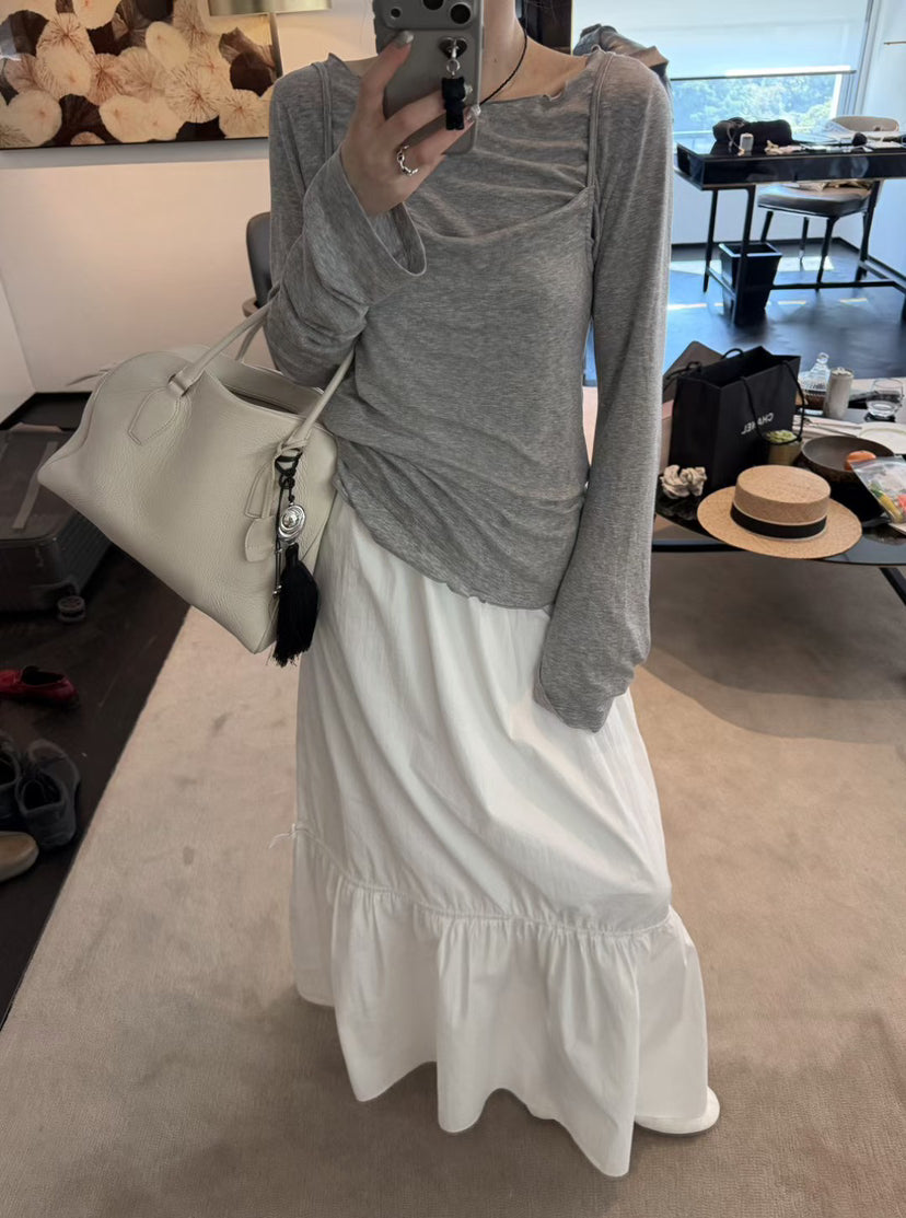 LACHER Elegant Slim Fit Round Neck Long Sleeve T-Shirt - Korean Style Wool Blend Minimalist Top