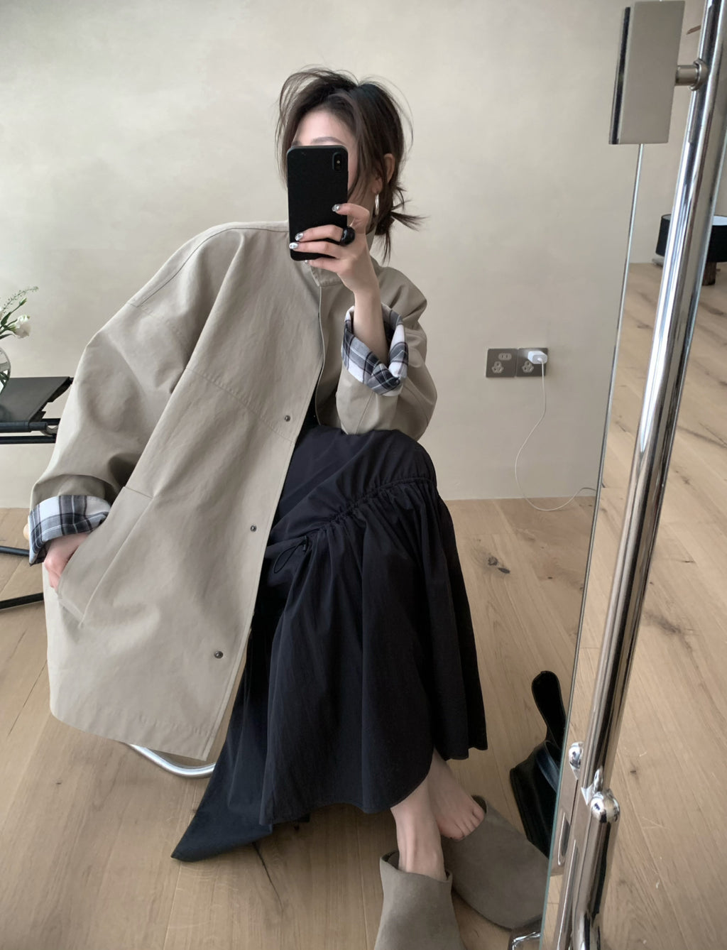 LACHER Elegant Minimalist Loose Plaid Patchwork Mid-Length Trench Coat