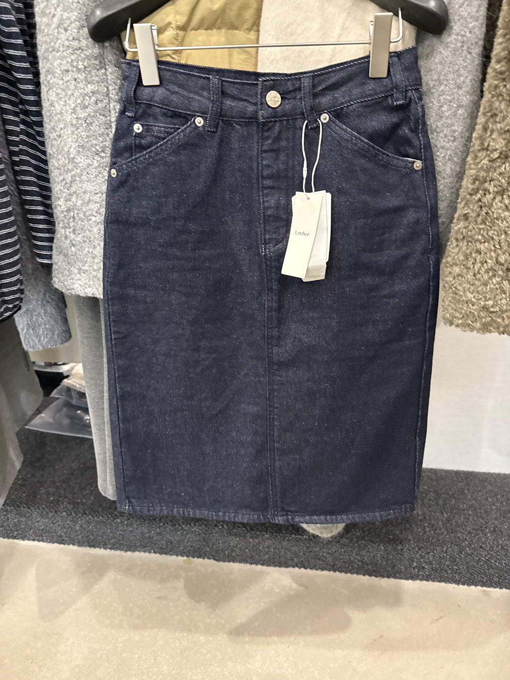 LACHER Early Spring 2026 High-Waist Back-Slit Denim Mini Skirt