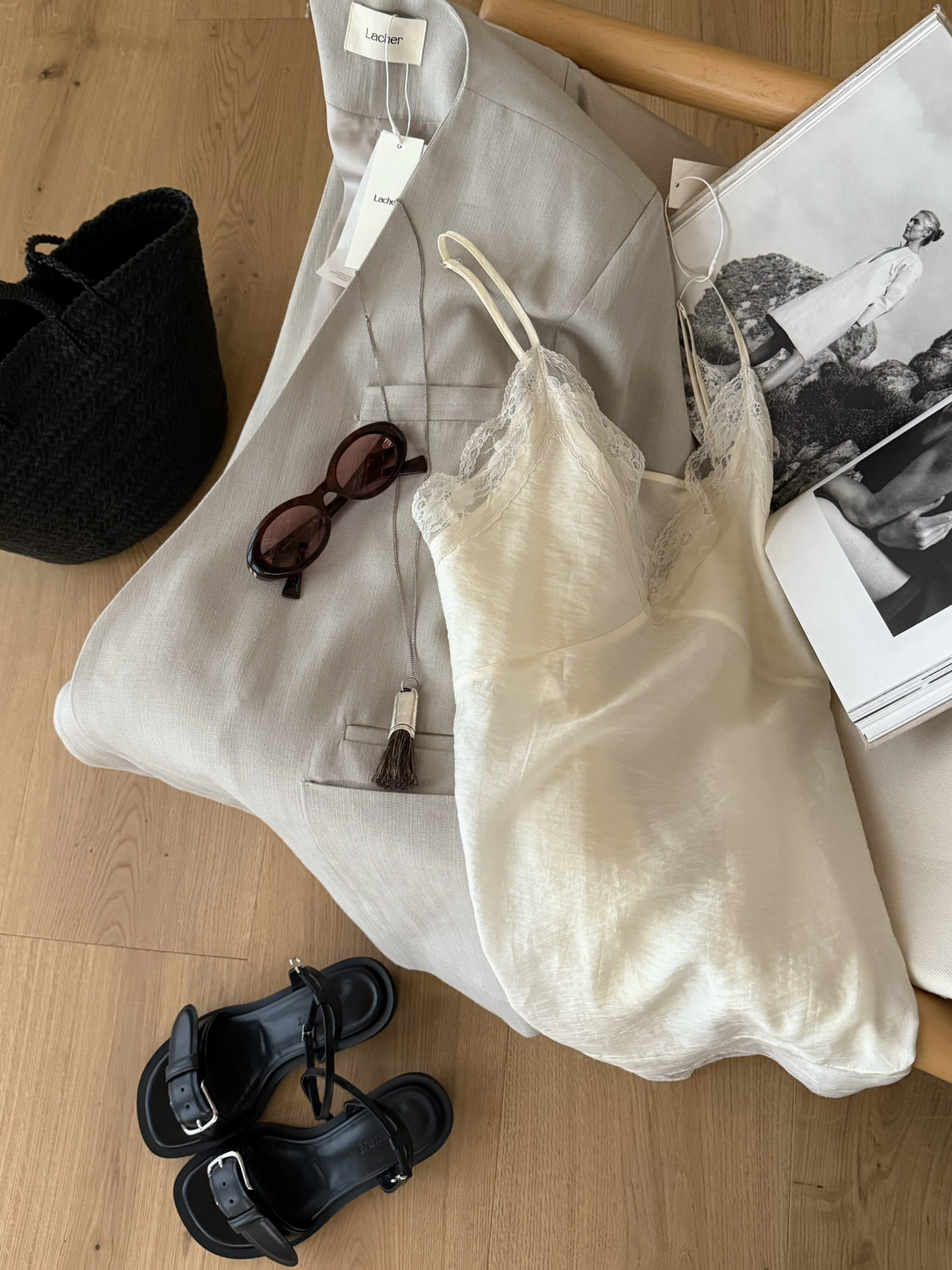 LACHER Elegant Lace Splicing Cami Dress - Versatile Solid Color Midi Slip Dress