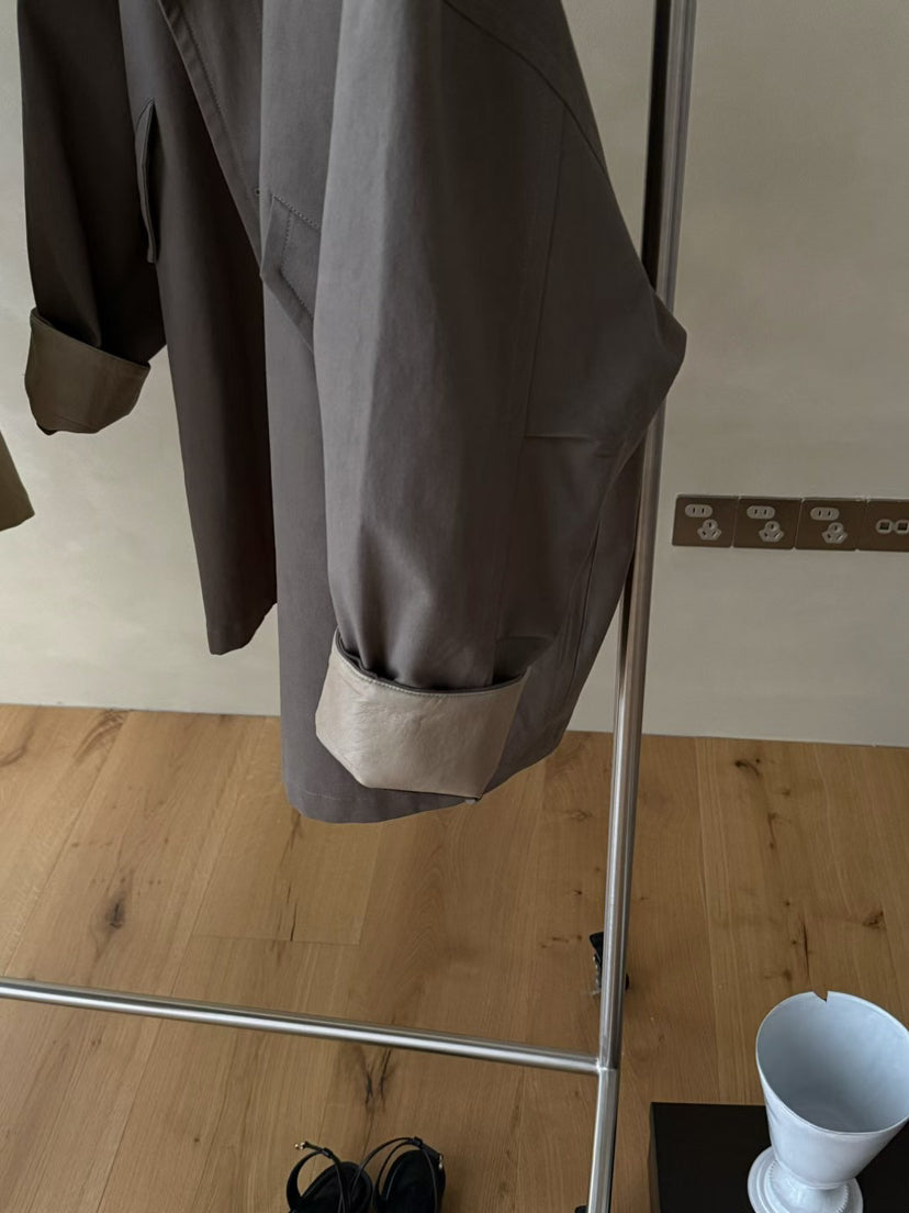 Elegant Contrast Panel Trench Coat - Premium Spring Lapel Single-Breasted Mid-Length Overcoat