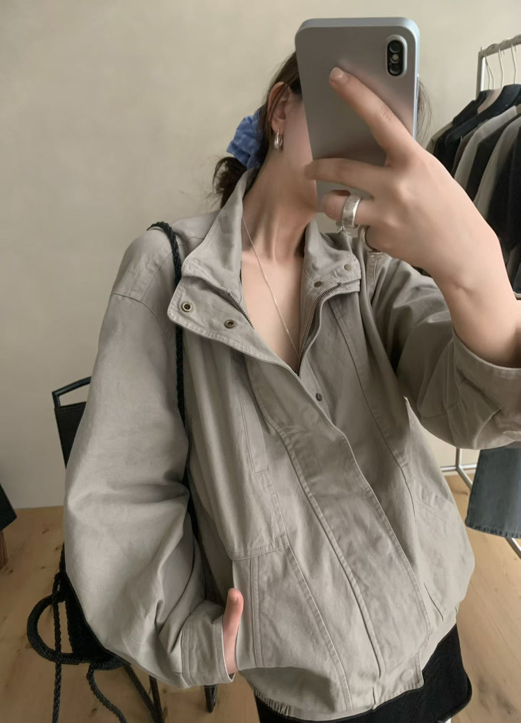 LACHER Women's Premium Utility Loose Fit Jacket - Chic Stand Collar Casual Outerwear