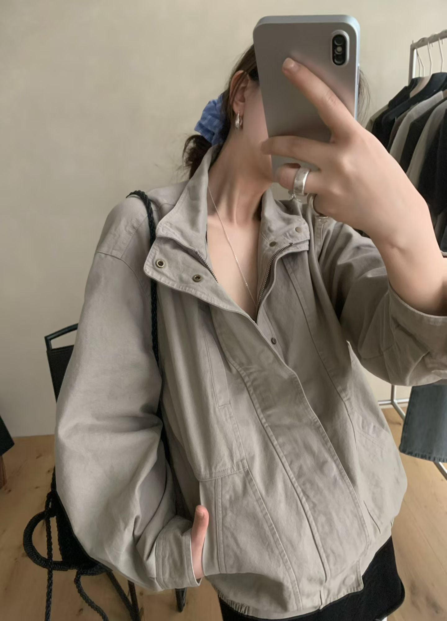 LACHER Women's Premium Utility Loose Fit Jacket - Chic Stand Collar Casual Outerwear