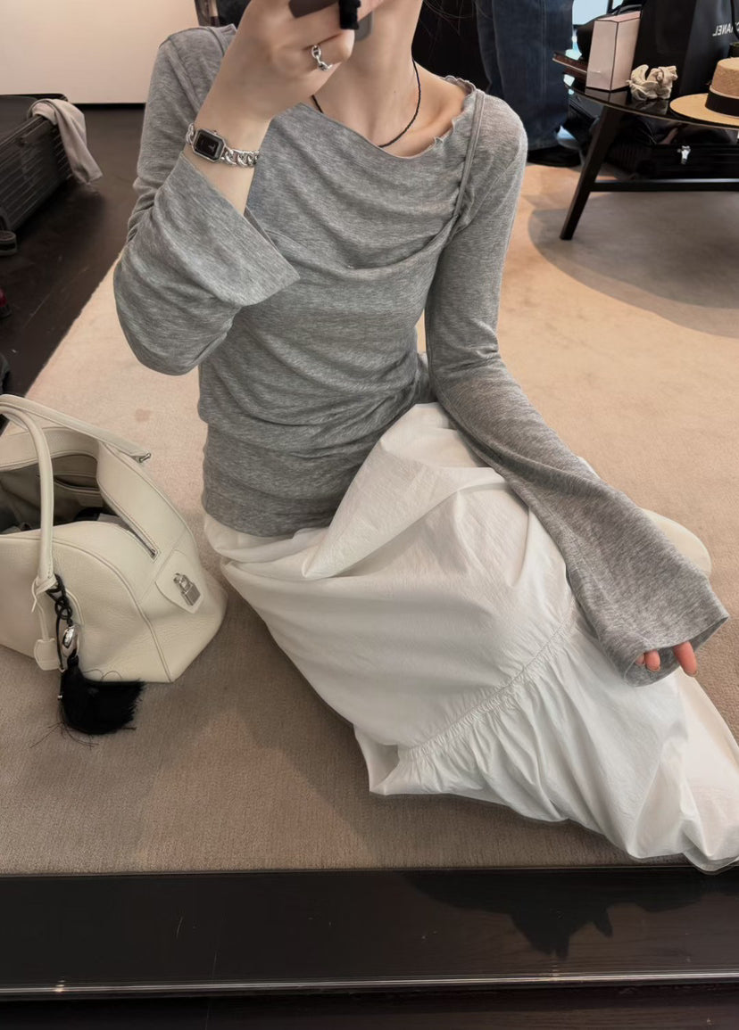 LACHER Elegant Slim Fit Round Neck Long Sleeve T-Shirt - Korean Style Wool Blend Minimalist Top