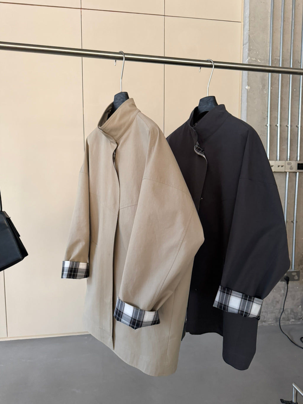 LACHER Elegant Minimalist Loose Plaid Patchwork Mid-Length Trench Coat