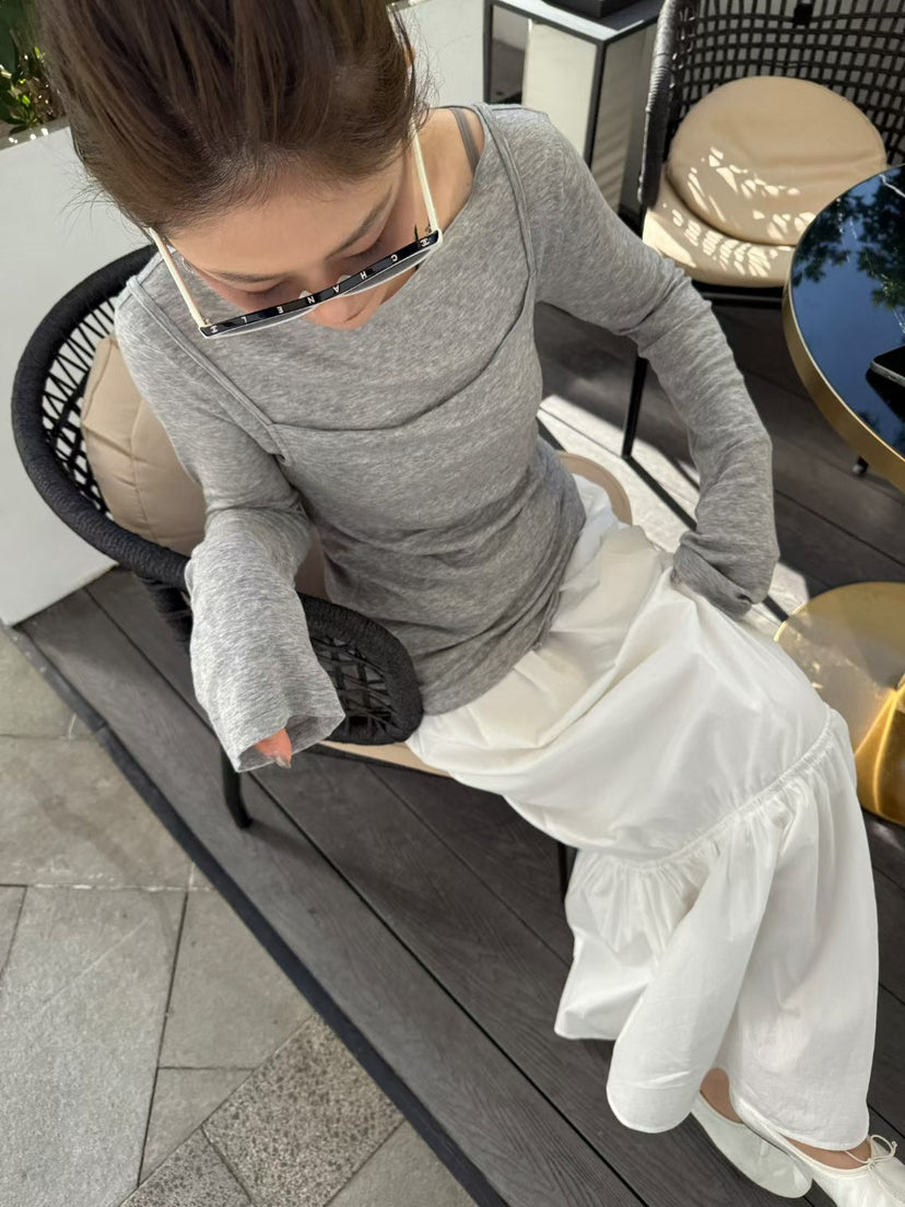 LACHER Elegant Slim Fit Round Neck Long Sleeve T-Shirt - Korean Style Wool Blend Minimalist Top