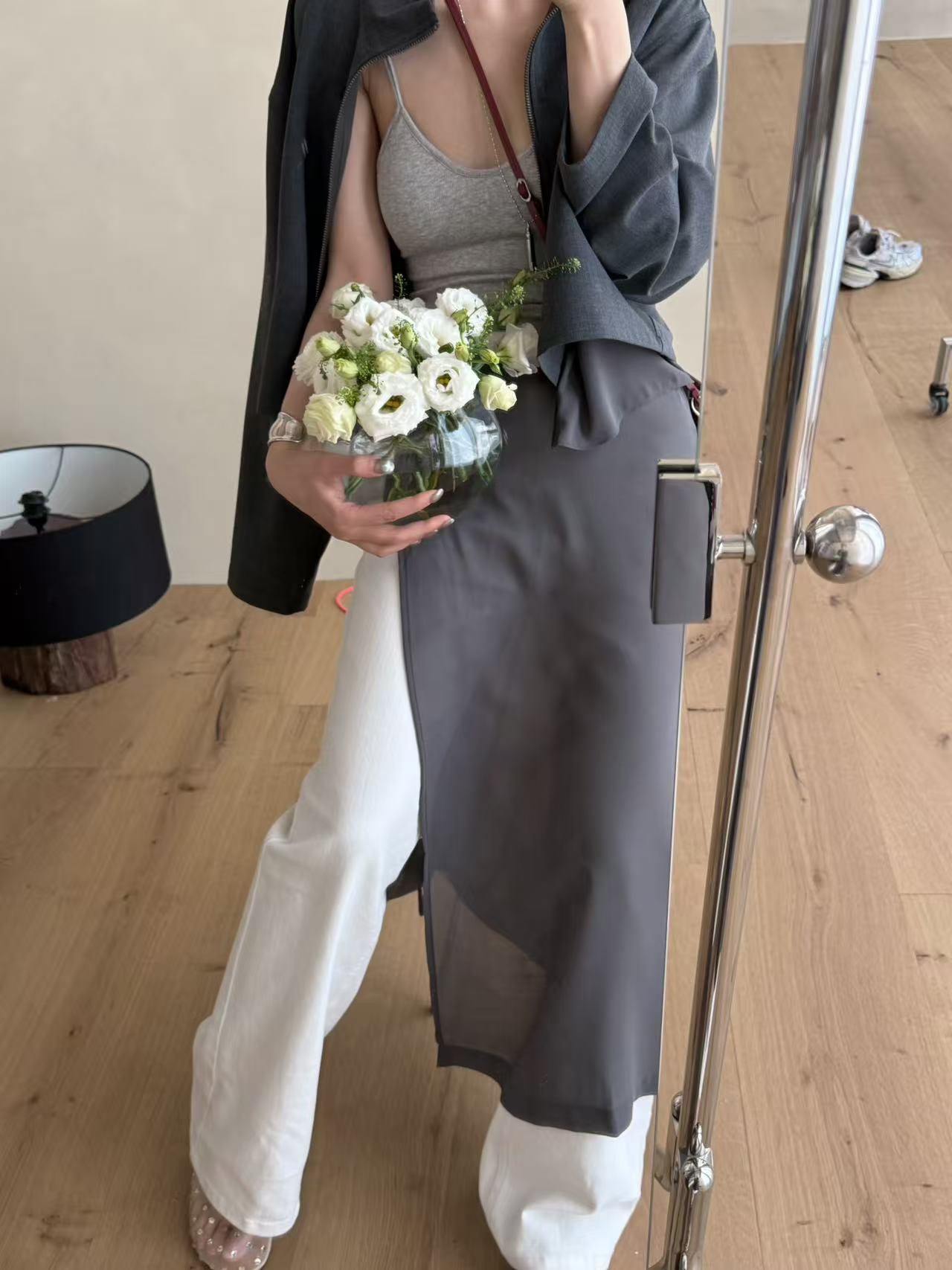 LACHER 2026 Spring Niche Layering Skirt Curtain Elegant Drape Slit Midi Skirt