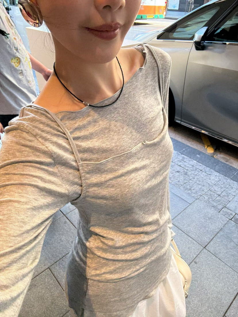 LACHER Elegant Slim Fit Round Neck Long Sleeve T-Shirt - Korean Style Wool Blend Minimalist Top