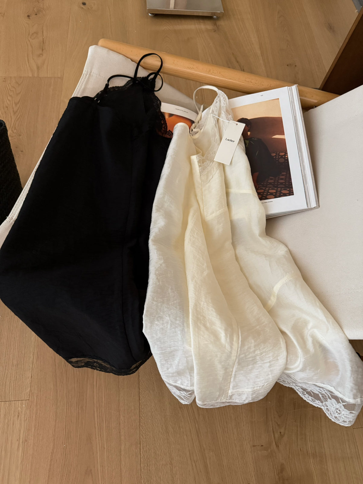 LACHER Elegant Lace Splicing Cami Dress - Versatile Solid Color Midi Slip Dress